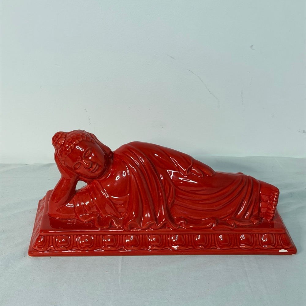 Red Ceramic Reclining Buddha Statue | Three Hands Corp Decor